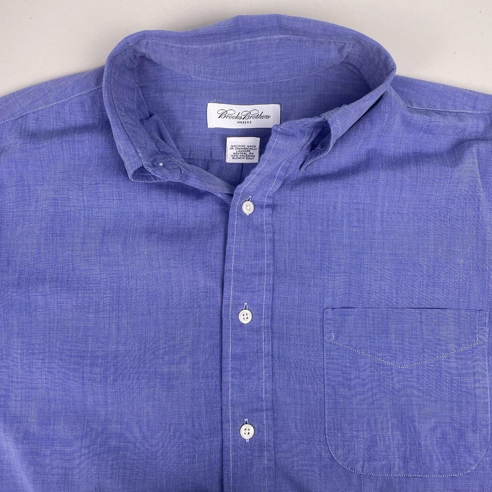 Brooks Brothers Makers Shirt 16 35 Mens L/S Button Down Solid Blue USA GUC